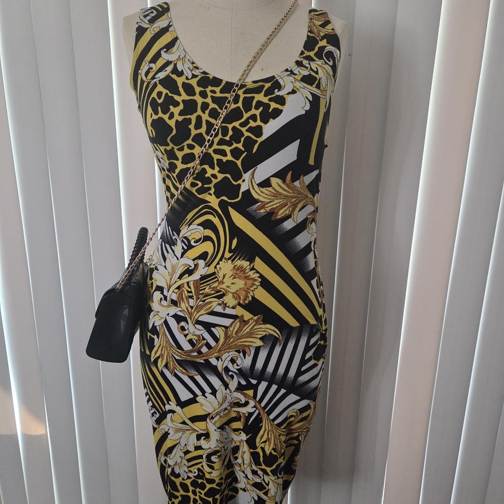Elegant Yellow and Black Patterned Dress